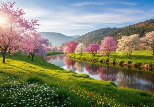 Spring in the mountains, beautiful landscape with cherry trees and river photo