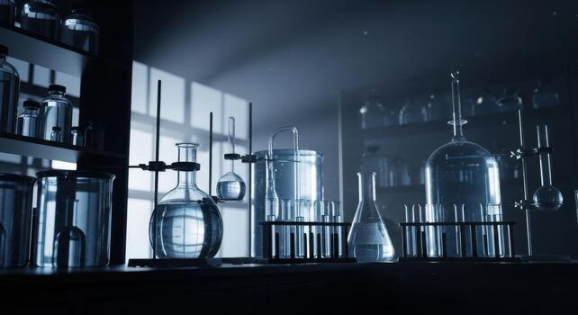 A laboratory with many glassware and bottles photo