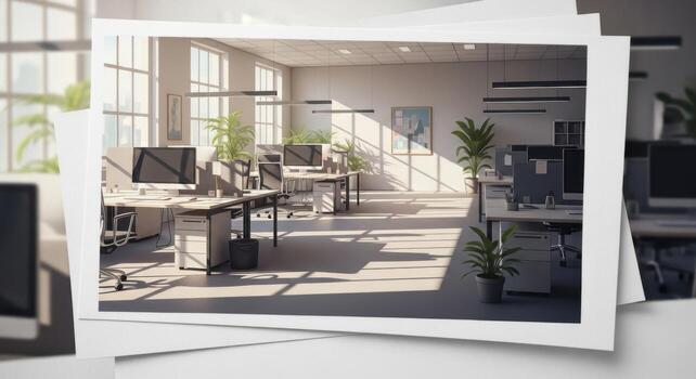 An office with a desk and computer monitors photo