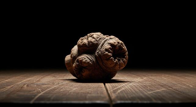 A walnut on a wooden table in front of a black background photo