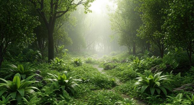 A path through a lush green forest with trees and plants photo