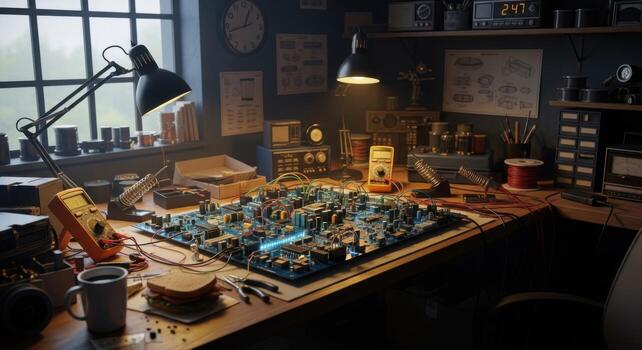 A desk with a computer, a lamp and other electronics photo