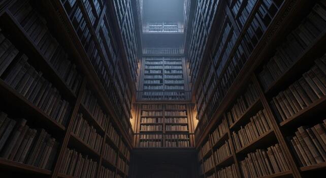 A long hallway with bookshelves and a light at the top photo