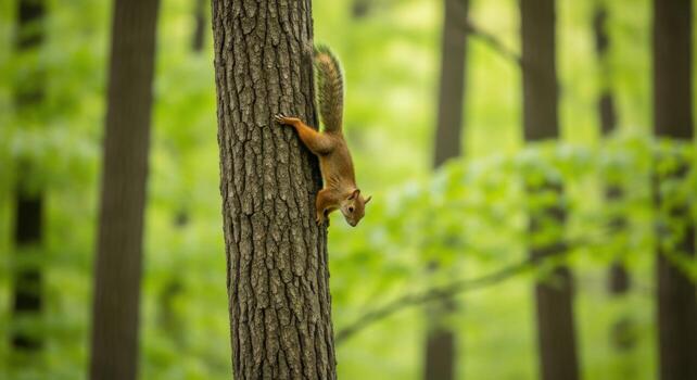 A squirrel climbing up a tree trunk in the forest photo