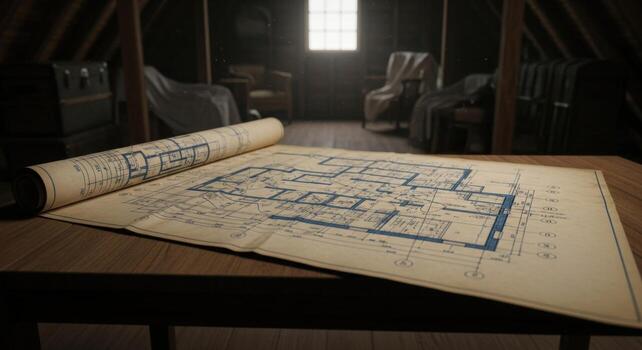 A blueprint laying on a table in an attic photo