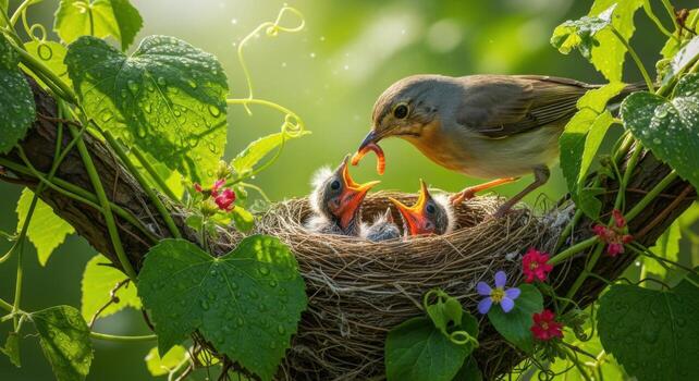 A bird is feeding its young in a nest photo