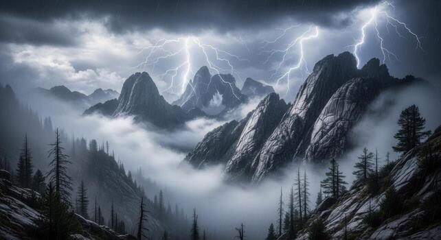 A mountain range with lightning and clouds photo