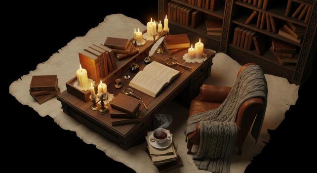 A desk with candles and books on it photo
