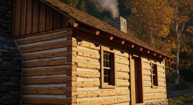 A log cabin with a chimney and a smoke stack photo