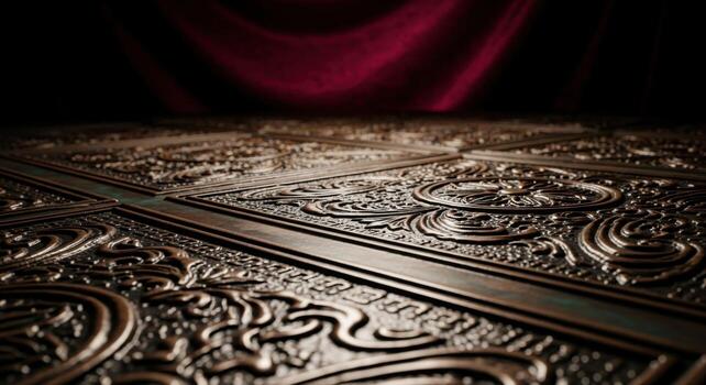 An ornate wooden table with red curtains photo