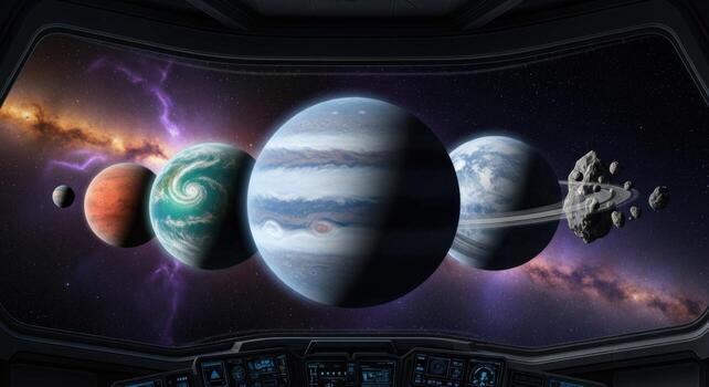 The planets are shown in a spaceship cockpit photo
