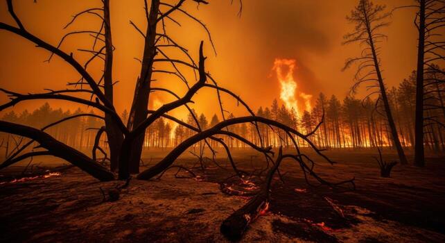 The fire is burning in the forest and trees photo