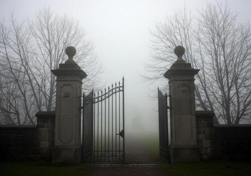 A foggy gate with two statues in front of it photo