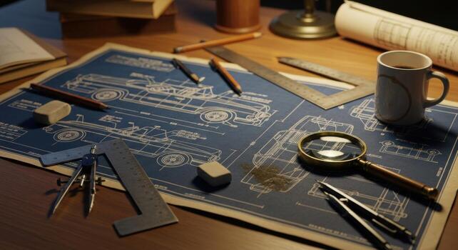 A desk with a blueprint, a coffee cup, and a magnifying glass photo