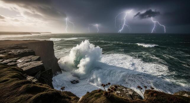 Lightning strikes over the ocean and a cliff photo