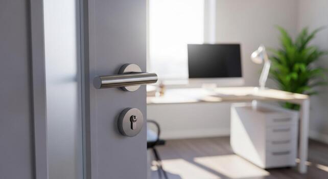 A door with a key on it in front of a computer photo