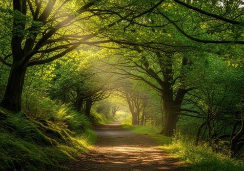 A path through a green forest with trees and sunbeams photo