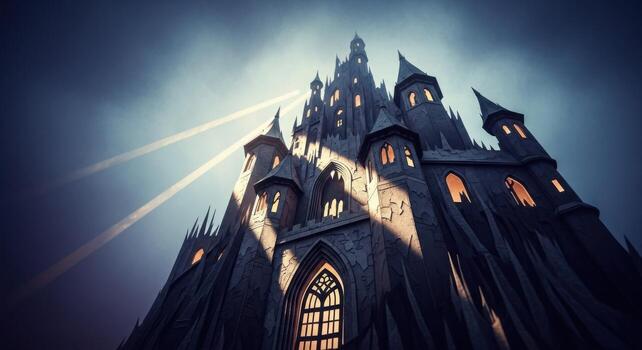A dark castle with a light shining through it photo