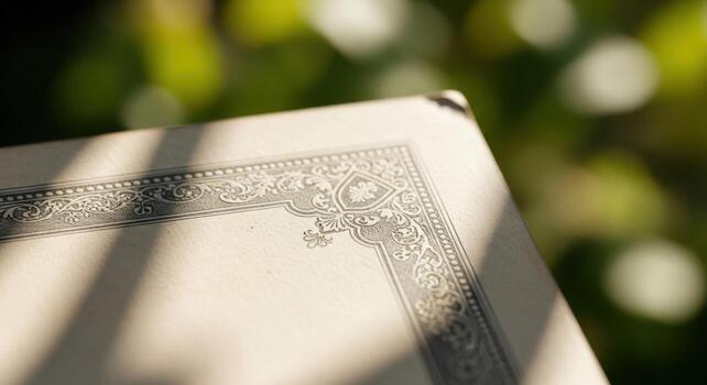 A close up of a book with a border photo