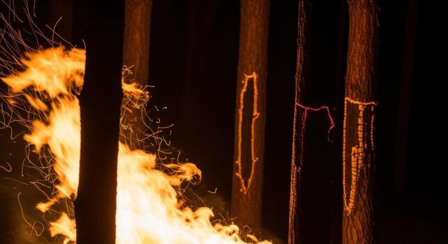 A fire burns in the dark with a few trees in the background photo
