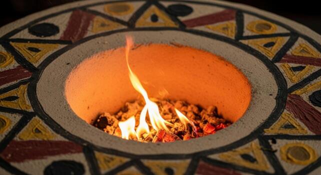 A fire is burning in a pot with a decorative pattern photo