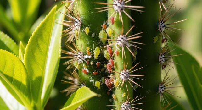 Cactus with many small red bugs on it photo