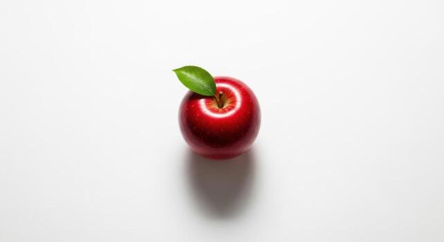 A red apple with a leaf on top of a white background photo