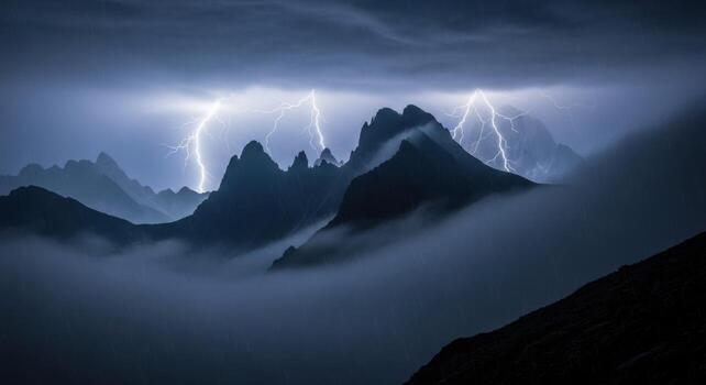 Lightning strikes over mountains in the dark photo