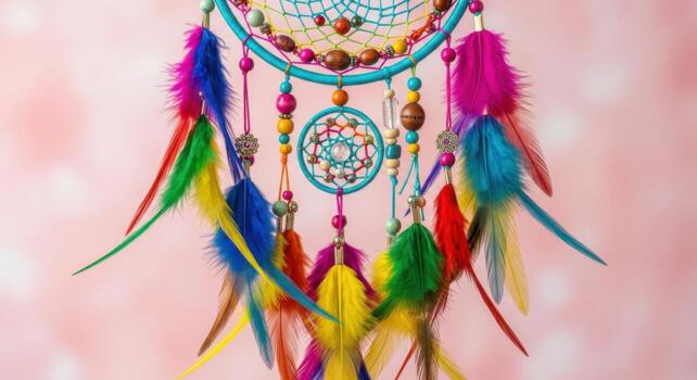A colorful dream catcher hanging from a string photo