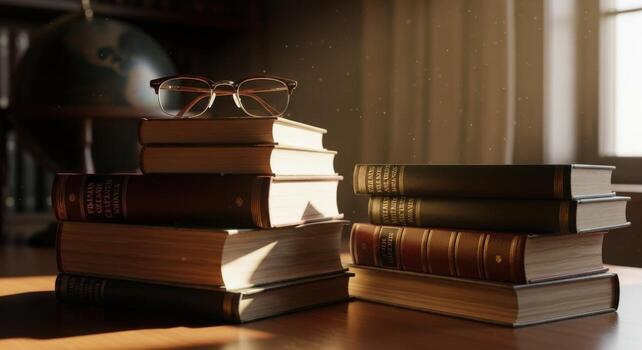 un apilar de libros y lentes en un mesa foto