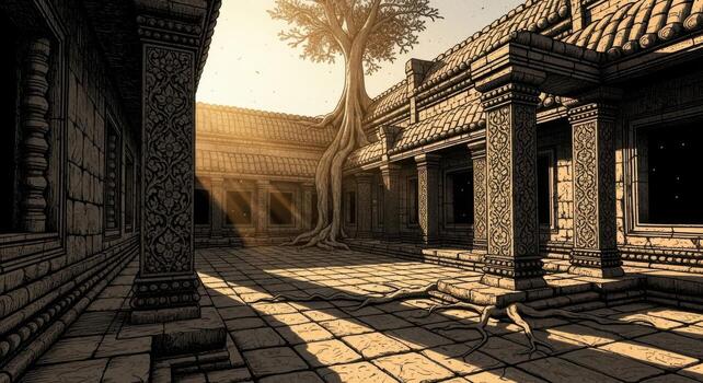 A 3d rendering of a courtyard with pillars and trees photo