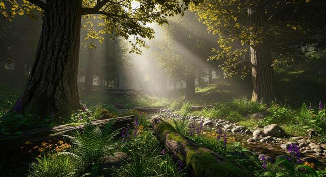 A forest scene with sunbeams shining through the trees photo
