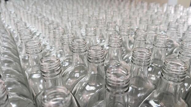 Rows of clear, empty glass bottles on an assembly line in a clean, modern factory setting photo
