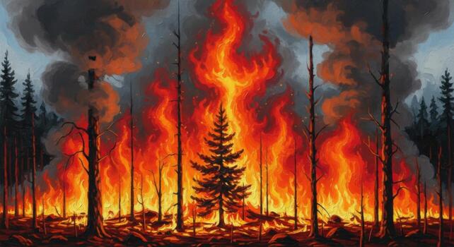 A painting of a forest fire with trees and smoke photo