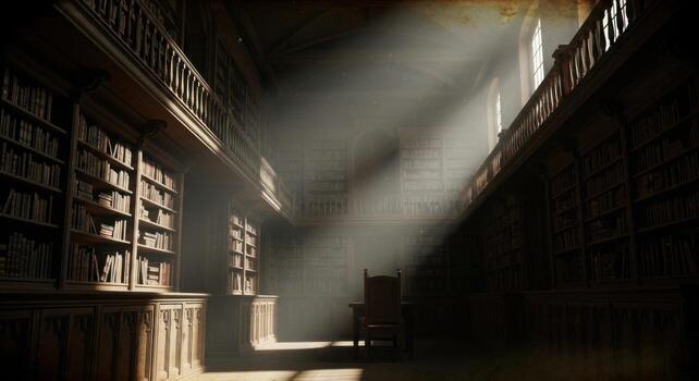 A library with a chair in the middle of it photo