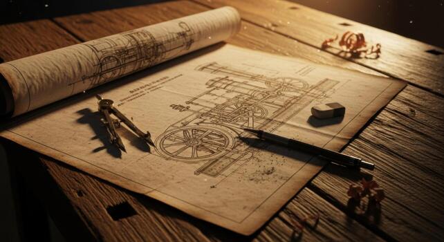 A drawing of a steam engine on a table photo
