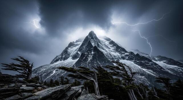Lightning strikes over a mountain with trees and rocks photo