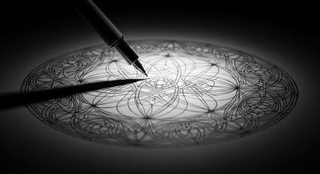 A pen is drawing a circular design on a black background photo