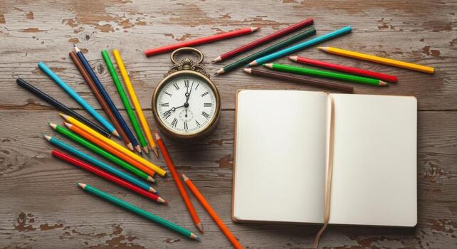 A notebook, pencils and an old clock on a wooden table top view photo