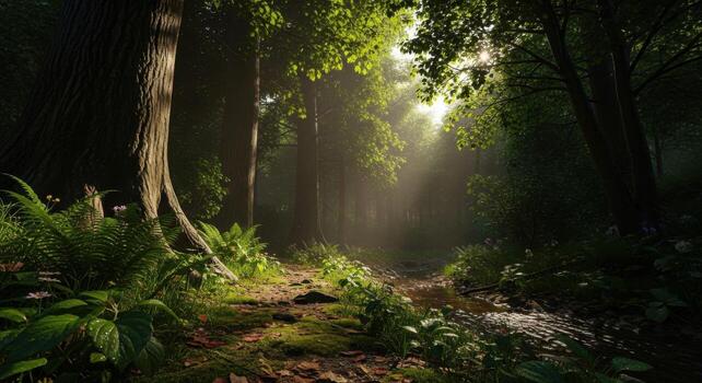 A forest scene with sunlight shining through the trees photo