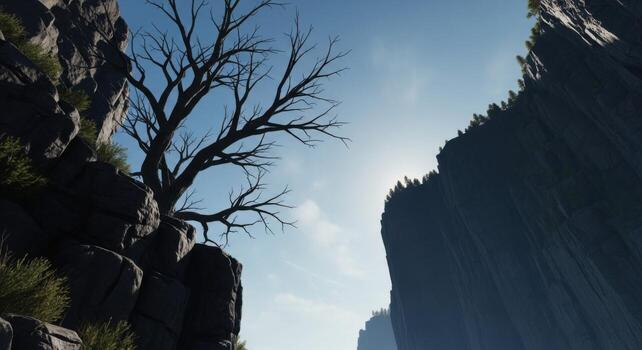A tree stands alone in the middle of a cliff photo