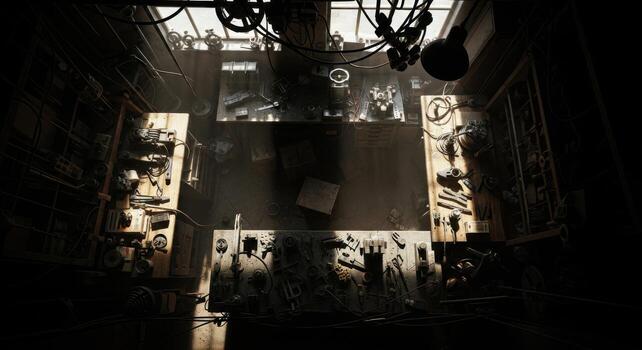 A dark room with lots of stuff in it photo