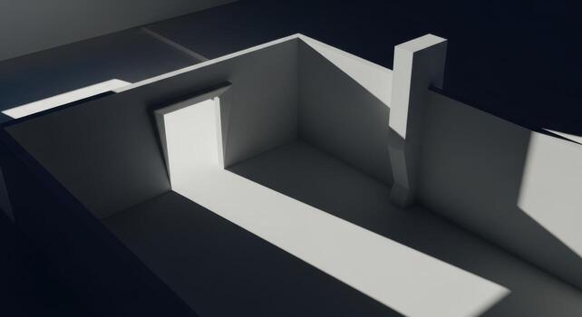 A 3d rendering of a room with a door and a light photo