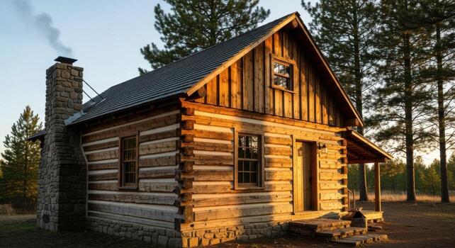 A log cabin is shown in the woods photo