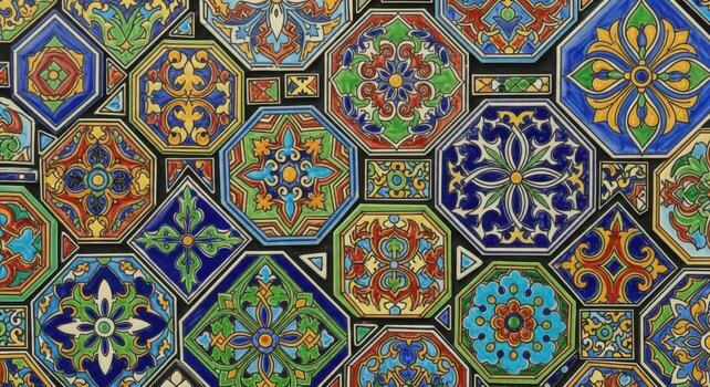 A colorful tile pattern with many different designs photo
