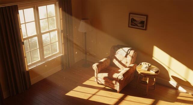 A chair and table in a room with sunlight streaming through the window photo