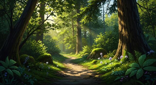 A digital painting of a forest path photo