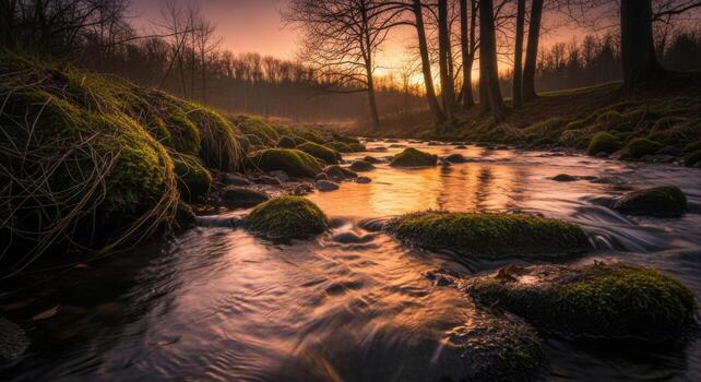 A stream running through a forest at sunset photo