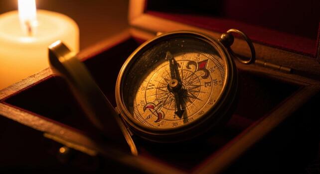 An old compass in a box with a candle photo