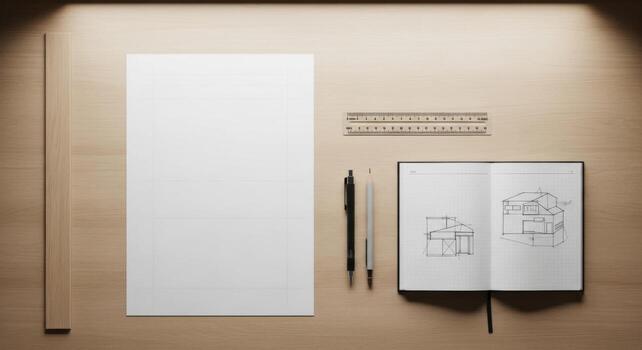 A notebook, pencils, and a ruler on a table photo